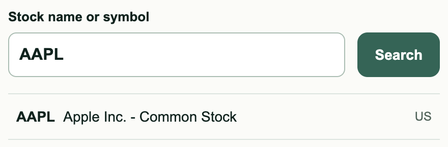 Stock search interface showing the AAPL ticker, Apple name and market.